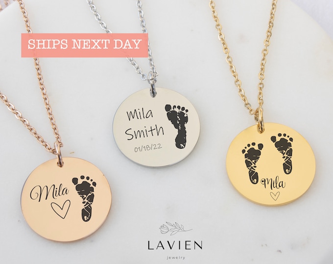 Actual Baby Footprint Necklace - CHRISTMAS New Mom Gift for Her- Personalized Baby Jewelry - Minimalist Newborn Baby Feet Necklace with Name