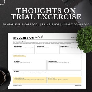 CBT Cognitive Restructuring Worksheet | Thoughts on Trial, Situation Processing & Coping, Therapy Tools, Mental Health PDF, Self Care