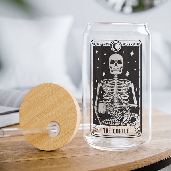 The Coffee Tarot Glass Tumbler | Coffee Mug With Straw And Lid | Skeleton Coffee Cup | Tarot Witchy Coffee Glass Tumbler | The Coffee
