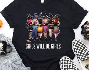 女の子は女の子になる魔女Tシャツ | カラフルなハロウィン魔女 | ユニセックス半袖Tシャツ | ベラキャンバス3001 | 魔女の集会の友達へのギフト