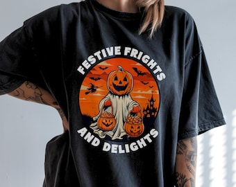 Festive Frights & Delights Pumpkin Trick Or Treat T-shirt | Comfort Colors 1717 | Halloween Ghost Pumpkin Tee | Spooky Fall Graphic Shirt