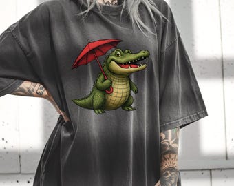 Crocodile With Umbrella T-shirt | Unisex Short Sleeve Tee | Comfort Colors 1717 | Alligator Funny Shirt Animal Tee Gift