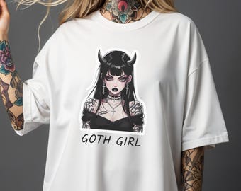 Goth Girl Devil Horns T-shirt | Unisex Short Sleeve Tee | Comfort Colors 1717 | Alt Clothing | Goth Emo Funny | Cute Devil Girl Witchy Gift