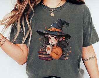 Cartoon Fall Girl Books & Coffee T-shirt | Comfort Colors 1717 | Cozy Witchcore Autumn Tee | Cute Witch Graphic Top | Spooky Season Shirt