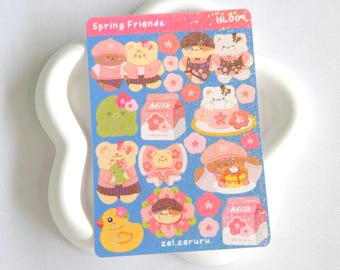 Spring Friends holographic cute sticker sheet, deco stickers, laptop stickers aesthetic, polco stickers, bujo sticker