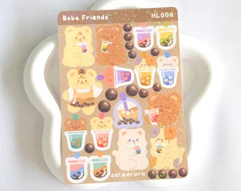 Boba bubble tea holographic sticker sheet, asian drinks deco sticker, yummy stickers, laptop stickers aesthetic, polco sticker, bujo sticker