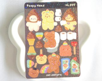 Poopy Head holographic cute sticker sheet, Toilet deco stickers, hilarious stickers, laptop stickers aesthetic, polco stickers, bujo sticker