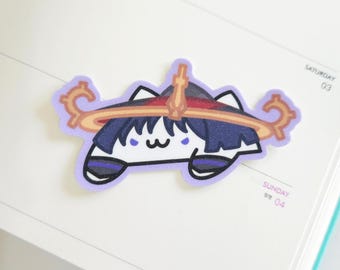 Scaramouche Wanderer Genshin Impact glitter die cut sticker | cute stickers for bujo, deco, journaling, planner, pen pal | Bongo Cat