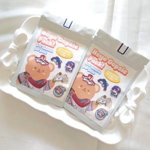 Op de afbeelding: Twee verzegelde pakjes met uitgestanste figuren, elk met een cartoonbeer en karakterillustraties. De pakjes zijn gelabeld "Hoyo Oopsie Pack!" en bevatten de tekst "5-7 uitgestanste figuren per pakje."