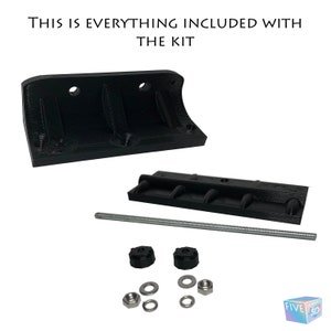May include: A selection of black 3D-printed parts, including two curved pieces, a long threaded rod, two black knobs, washers, and nuts. The text at the top reads, "THIS IS EVERYTHING INCLUDED WITH THE KIT."