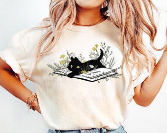 Cat Book Shirt, Bookish Shirts, Cat Mom Tee, Cat Lover Shirt, Book Lover Gift, Black Cat Book Tee, Cat Reading Shirt, Librarian Shirt