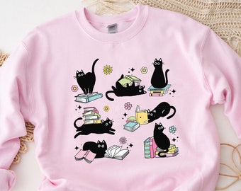 Cat Books Sweatshirt, Bookish Sweater, Cat Lover Crewneck, Cat and Books Shirt, Book Lover Gift, Reading Sweatshirt, Cats Reading Sweater