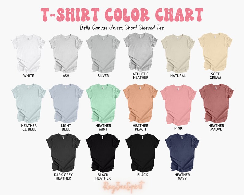 Pu&ograve; includere: Tabella colori che mostra 18 diversi colori di magliette. La tabella &egrave; etichettata "T-Shirt Color Chart" e "Bella Canvas Unisex Short Sleeved Tee".
