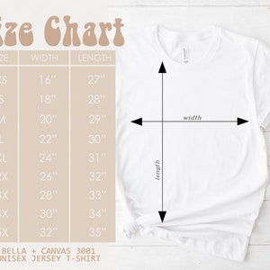 Pu&ograve; includere: Tabella delle taglie per una t-shirt in jersey unisex, che mostra le misure in pollici per larghezza e lunghezza, da XS a 5X.