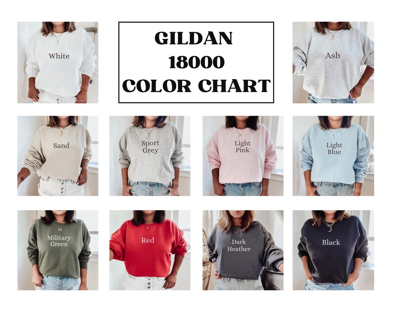 Peut inclure: Nuancier de couleurs pour les sweat-shirts Gildan 18000, pr&eacute;sentant 12 couleurs diff&eacute;rentes&nbsp;: blanc, sable, gris sport, rose clair, cendr&eacute;, bleu clair, vert militaire, rouge, gris fonc&eacute; chin&eacute; et noir.