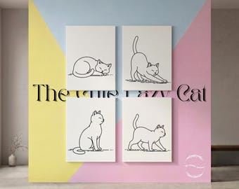 The Cute Lazy Cat, line art print set | Minimalistisch decor