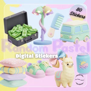May include: A collection of pastel-colored digital stickers, including a suitcase filled with money, a comb, a lamp, a van, a stack of pillows, sneakers, a bow, a llama, and a soda can. The text "Random Pastel Digital Stickers" is also present.