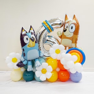 Torre de globos Bluey con licencia / Decoración para fiesta de cumpleaños de Bluey / Cumpleaños con temática de Bluey / Globo de bingo / Fiesta de cumpleaños de perro / Fiesta de perro para niña