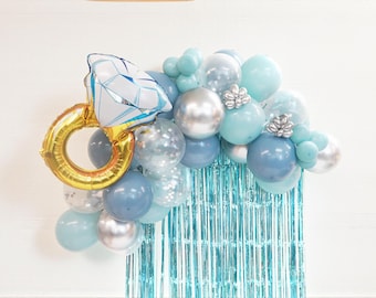 Blue Bridal Shower Balloon Garland Kit: Ring Balloon, Silver Confetti Bachelorette Party Decor