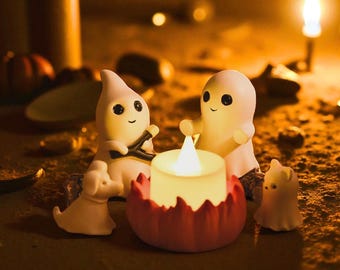 Halloween Ghost Campfire Figurine Set: Spooky Tabletop Decor