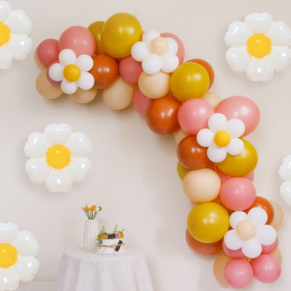 Orange brûlée Deux fêtes d'anniversaire groovy | Kit de guirlande d'arche de ballon thème marguerites florales rétro | enterrement de vie de jeune fille hippie | Boho 60s 70s 80s