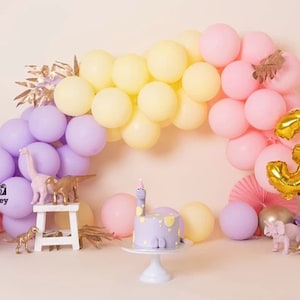 Dinosaur Themed girl's Birthday Party Balloon Garland DIY kit | Premium quality pastel purple pink yellow balloon arch l Dinosaur Theme