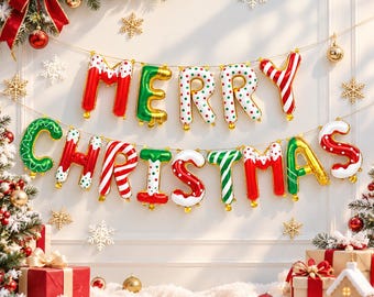 Guirnalda de globos de Feliz Navidad: Globos con letras de bastón de caramelo, fondo festivo para fiestas navideñas.