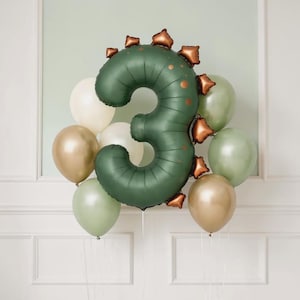 Custom Dinosaur Balloon Stack: T Rex Birthday Balloon Centerpiece Number 3 Dino Party Decor Dark Green 3