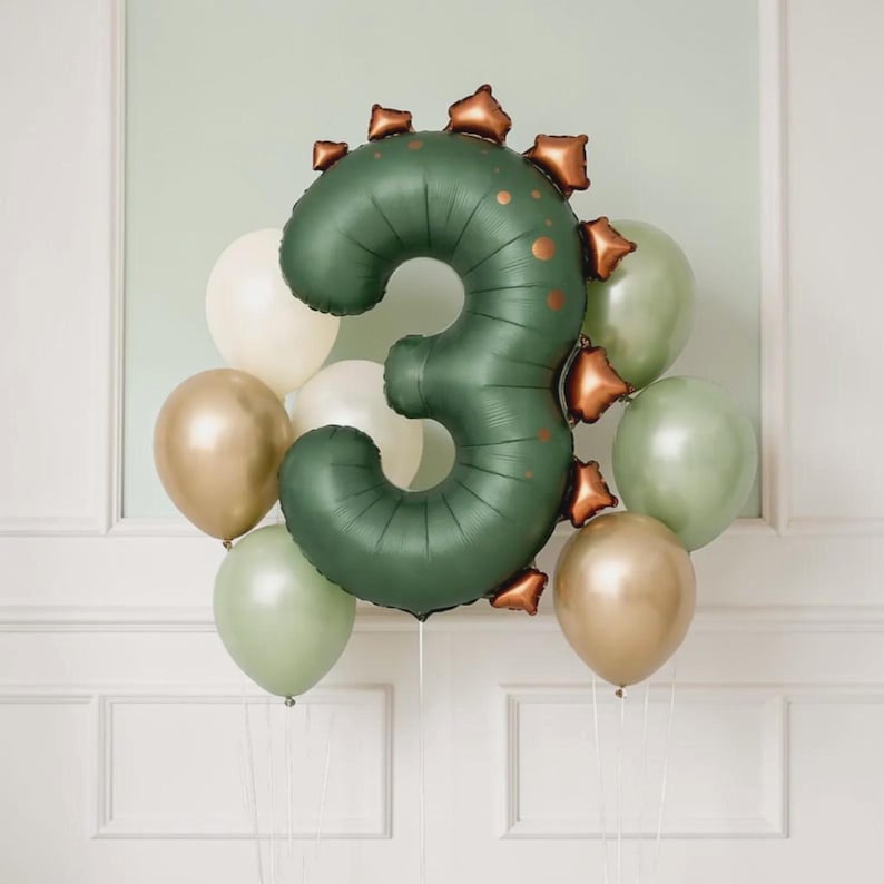 Custom Dinosaur Balloon Stack: T Rex Birthday Balloon Centerpiece Number 3 Dino Party Decor Dark Green 3