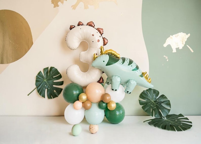 Custom Dinosaur Balloon Stack: T Rex Birthday Balloon Centerpiece Number 3 Dino Party Decor image 1