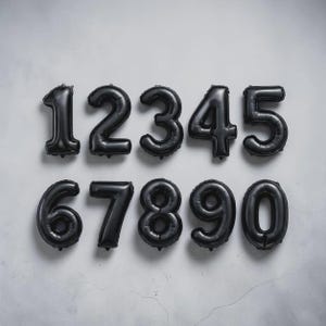 May include: Black number balloons arranged in two rows against a light gray background. The numbers 1 through 5 are in the top row, and 6 through 0 are in the bottom row. These balloons are suitable for birthday parties or anniversaries.