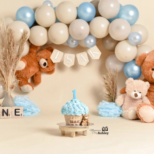 Bear Birthday Balloon Garland Kit | Bear Themed Baby shower neutral white blue balloon DIY  | Bear 1st birthday cake smash decorations
