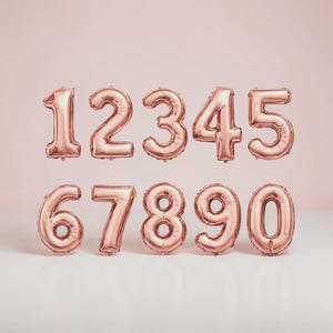May include: Rose gold foil number balloons, including digits 0 through 9. The balloons are arranged in two rows against a soft pink background. These balloons are ideal for birthdays, anniversaries, or other celebratory events.