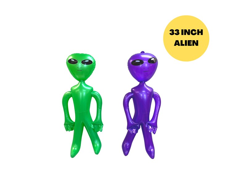 May include: Two inflatable alien figures, one green and one purple, standing on a white background. The text "33 INCH ALIEN" is written on a yellow circle.
