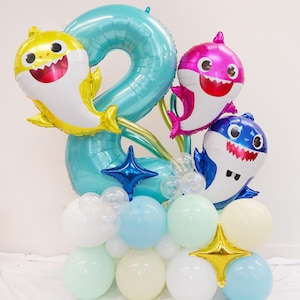 Shark Birthday column tower | Ocean Birthday Party Decoration Two year old balloon 2nd birthday party | Shark family Party Under The Sea