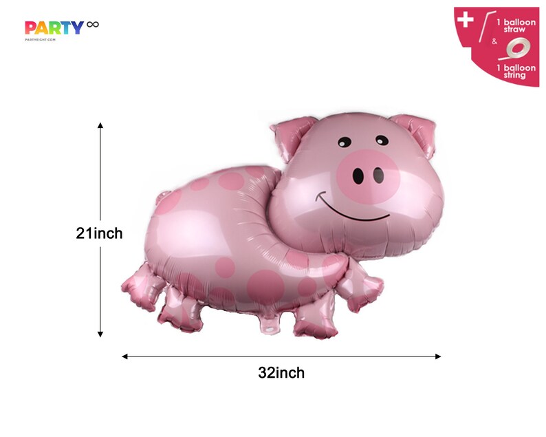 K&ouml;nnte beinhalten: Ein rosa Schwein-Folienballon mit wei&szlig;en Punkten. Der Ballon ist 81 cm breit und 53 cm hoch. Er wird mit einem Ballonstrohhalm und einer Schnur geliefert.