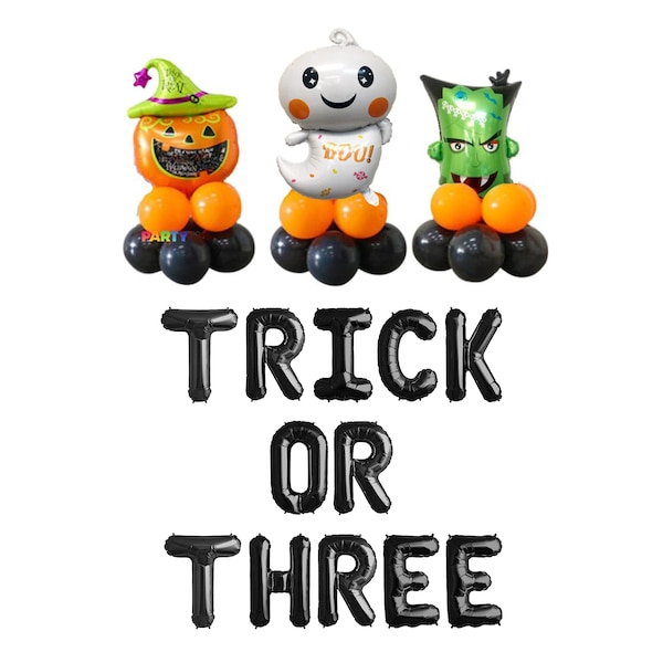 Trick or Three Banner Balloon Set | Three Spirit Halloween Ghost 3rd Birthday Party | Cute Boy Ghost 3rd Birthday Spooktacular Party