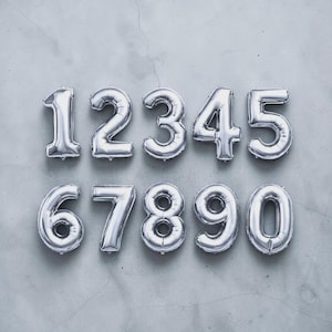May include: Silver foil number balloons, arranged from 1 to 0, against a gray background. The balloons are inflated and have a metallic sheen, perfect for birthday parties or milestone celebrations. Each number is clearly defined.