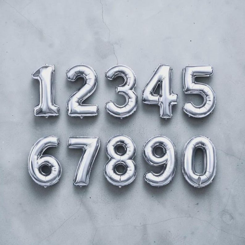 May include: Silver foil number balloons, arranged from 1 to 0, against a gray background. The balloons are inflated and have a metallic sheen, perfect for birthday parties or milestone celebrations. Each number is clearly defined.