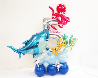 Under the sea Birthday column | Shark Birthday Party column | Baby Shark Sea Animal DIY Balloon Column | Ocean Themed Birthday Party Decor