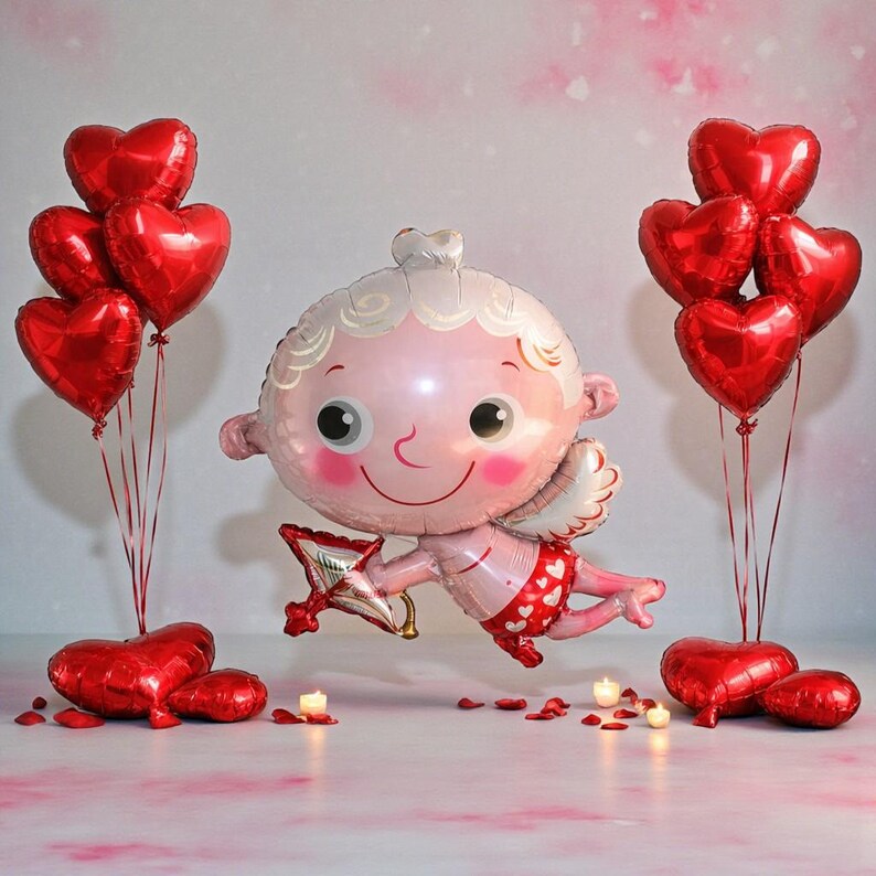 May include: A Valentine's Day themed image featuring a large Cupid-shaped balloon with a bow and arrow, surrounded by red heart-shaped balloons. The Cupid balloon is pink and white, with a smiling face. Several heart-shaped balloons are grouped together, and some are scattered on the floor.