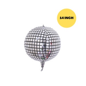 May include: A silver disco ball balloon with a black grid pattern. The balloon is 14 inches in diameter.