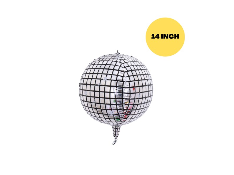 May include: A silver disco ball balloon with a black grid pattern. The balloon is 14 inches in diameter.