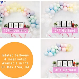 May include: Three different sizes of balloon arches, 12 feet, 6 feet, and 3 feet, decorated with pastel colored balloons. The arches are displayed on tables with white tablecloths and pink flamingo designs. The text "TROPICAL" is displayed on the 6 foot arch.  The text "Infated balloons & local setup Available in the SF Bay Area, CA" is displayed on a yellow circle.