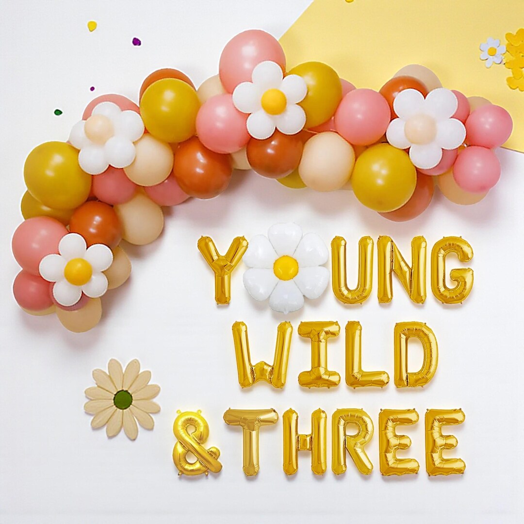 Young Wild & Three Balloon Garland: Groovy Daisy 3rd Kids Birthday ...
