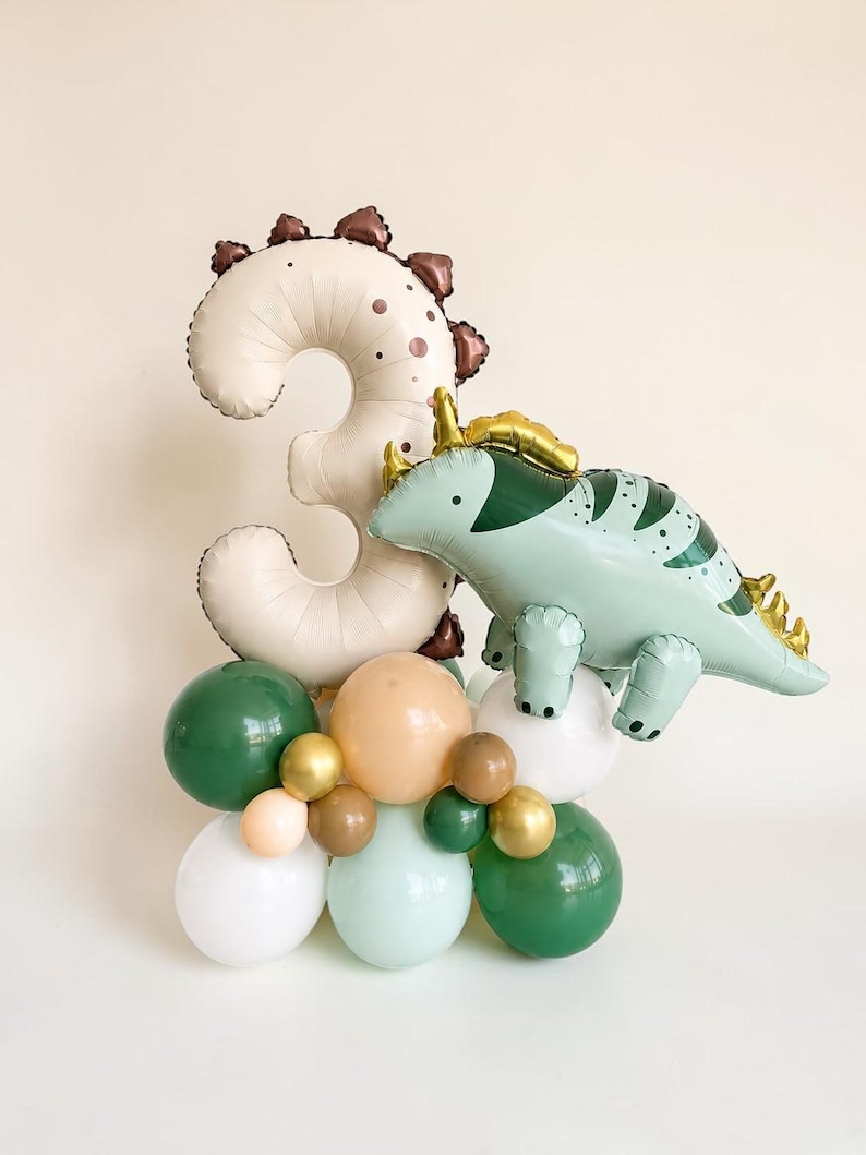 Custom Dinosaur Balloon Stack: T Rex Birthday Balloon Centerpiece Number 3 Dino Party Decor image 2