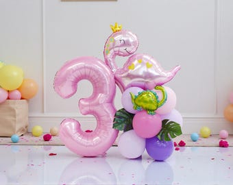 Pink Dinosaur Balloon tower: Girl 3rd Birthday Party Decor