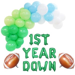 First Year Down Banner with football balloon garland, Football Themed 1st Birthday Party Decorations, Sports First Birthday Party