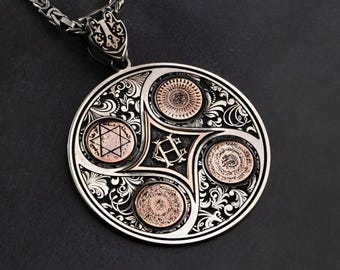 Men's Sterling Silver Talisman Pendant Necklace: Seal of Solomon, Surah Inshirah