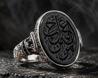 Arabic Calligraphy Black Agate Silver Ring 925 Sterling Islamic Mens Gift
